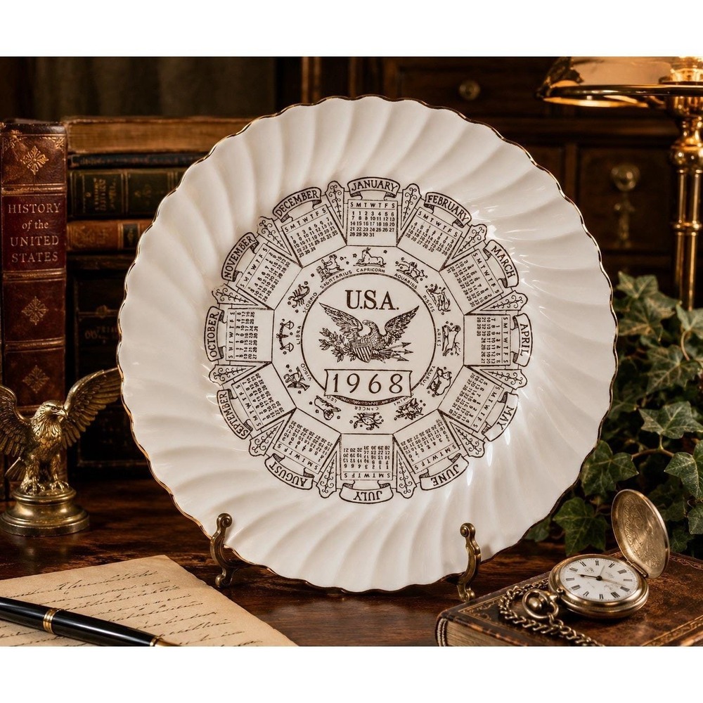 Sheffield Bone White 1967 Calendar Zodiac Signs Decorative Plate Gold Trim 10.25
